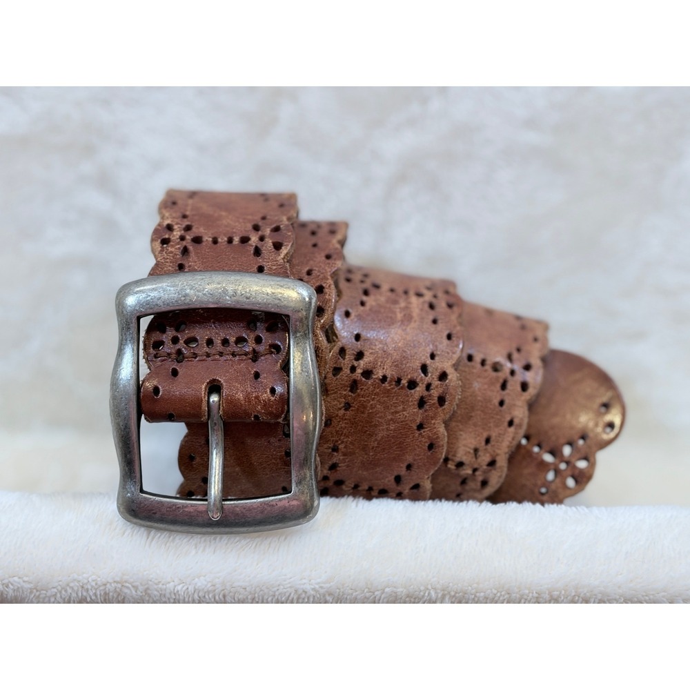 Y2K Brown Scalloped Eyelet Perforated Leather Belt Women L Excellent